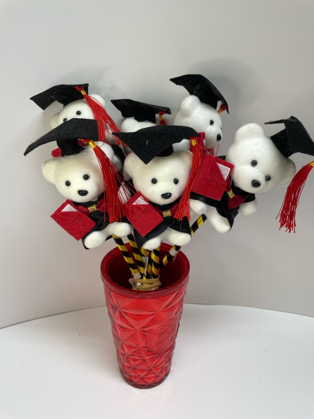 Graduation Bear Pens White Bears with Black Caps & Red Accents 1 for $10